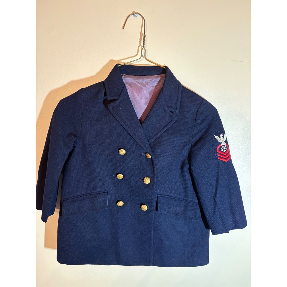 Vintage Navy Blue Double Breasted Pea Coat Gold Anchor Buttons Petty Officer